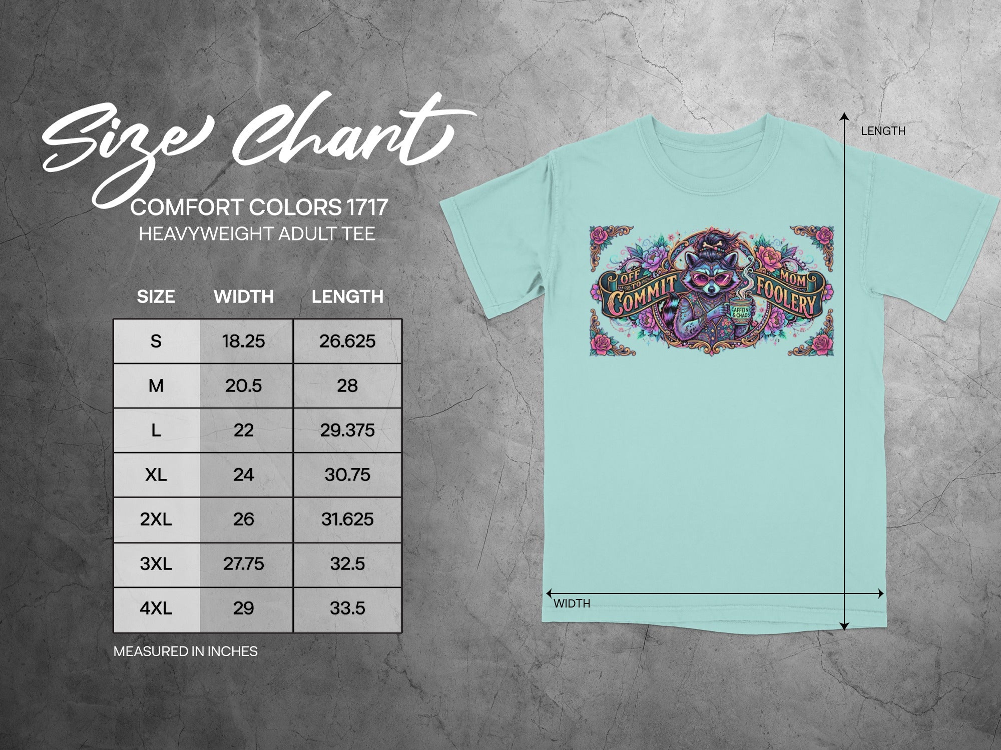Comfort Colors 1717 heavyweight tee size chart with width and length measurements.