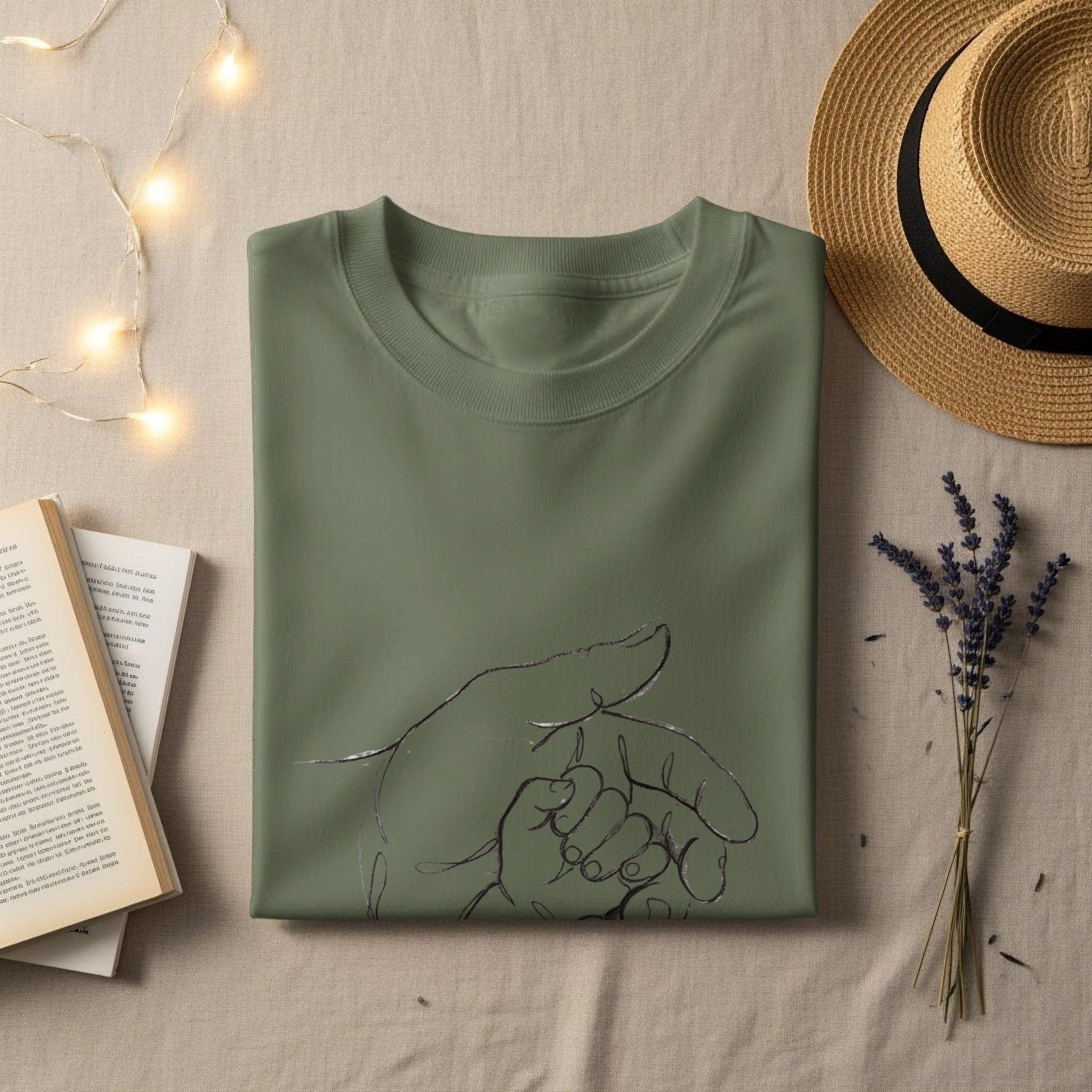 Olive green t-shirt with a line drawing of a parent's hand holding a baby's hand.