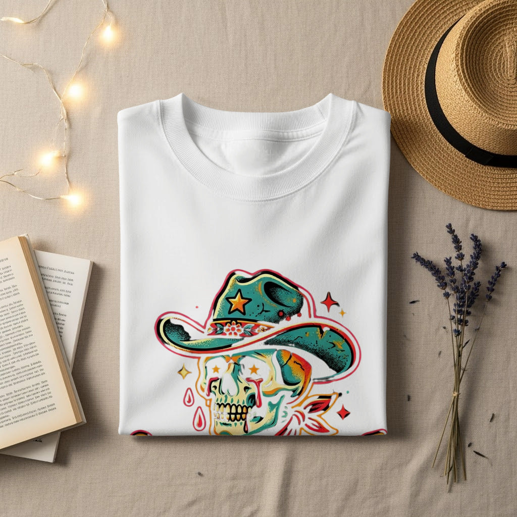 White t-shirt with a skull wearing a cowboy hat and colorful starbursts.
