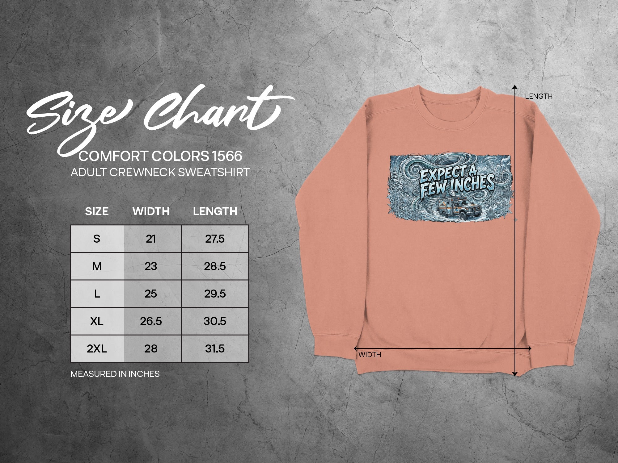 Comfort Colors 1566 adult sweatshirt size chart with width and length measurements.