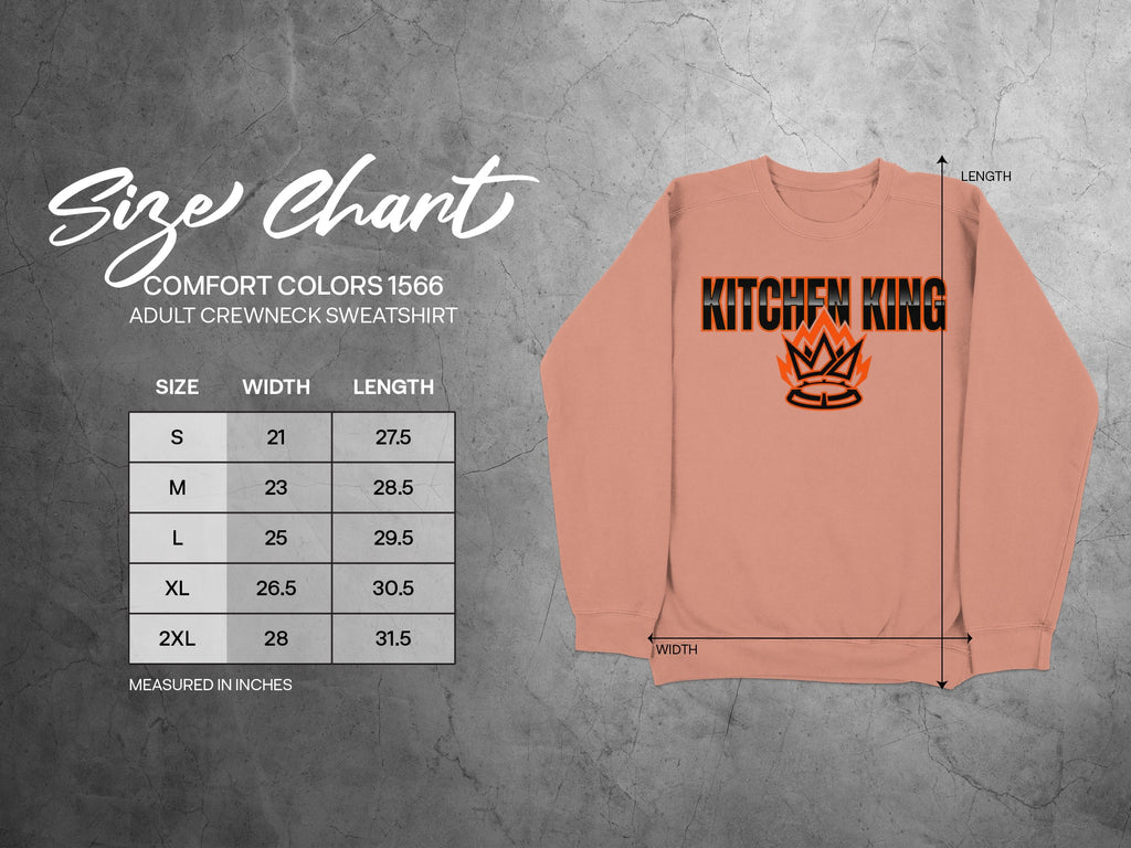 Size chart for Comfort Colors 1566 adult crewneck sweatshirt with "KITCHEN KING" graphic.