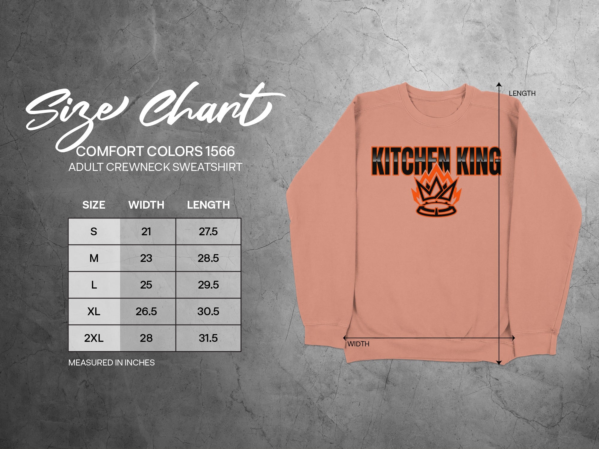 Size chart for Comfort Colors 1566 adult crewneck sweatshirt with "KITCHEN KING" graphic.
