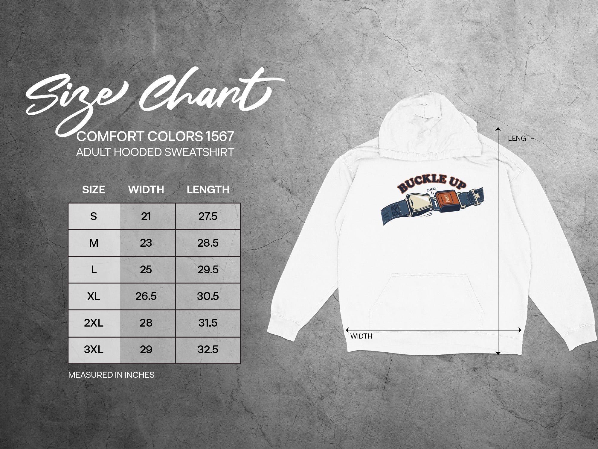 Size chart for Comfort Colors 1567 adult hooded sweatshirt.