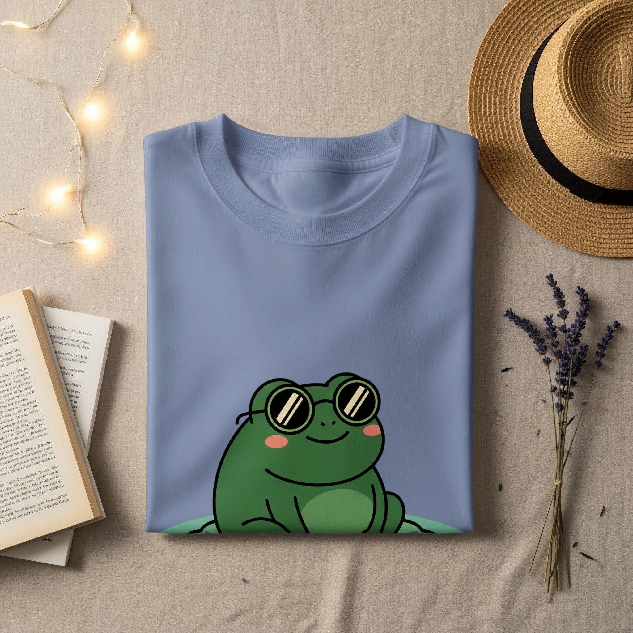 Light blue t-shirt with a smiling cartoon frog wearing sunglasses.