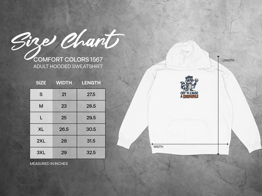 Comfort Colors 1567 hooded sweatshirt size chart with measurements.