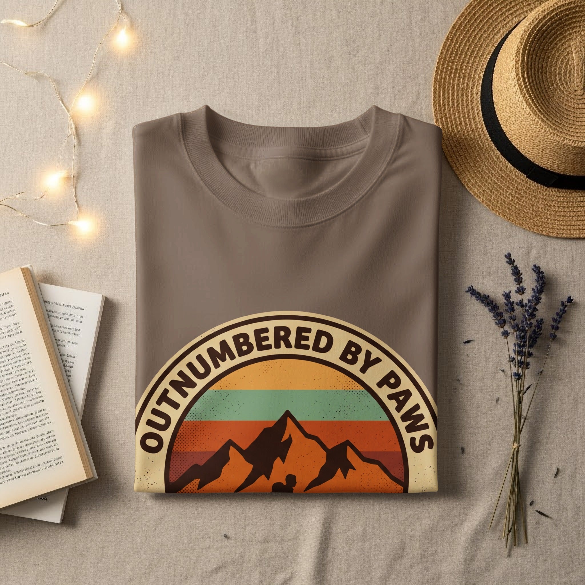 Brown t-shirt with "OUTNUMBERED BY PAWS" and mountain graphic.