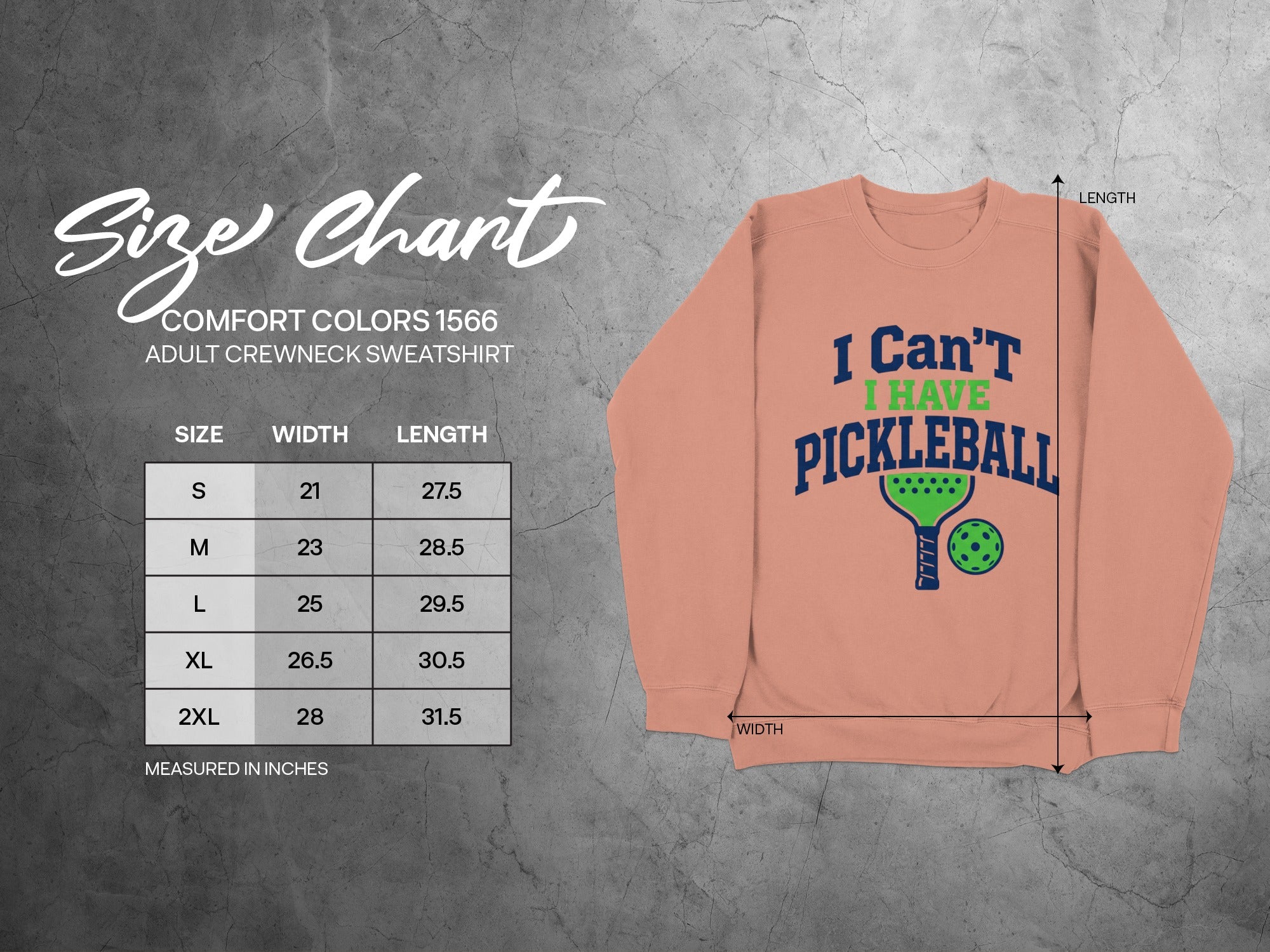 Size chart for Comfort Colors 1566 adult crewneck sweatshirt with pickleball graphic.