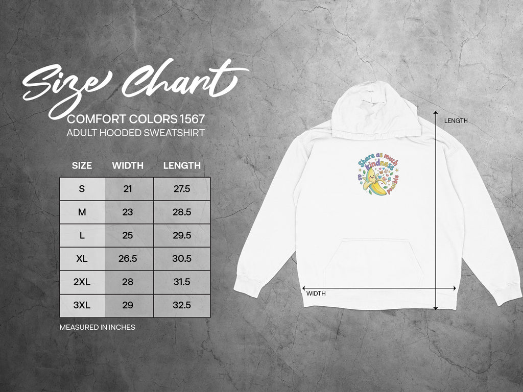 Size chart for Comfort Colors 1567 adult hooded sweatshirt, listing sizes S-3XL with width and length.