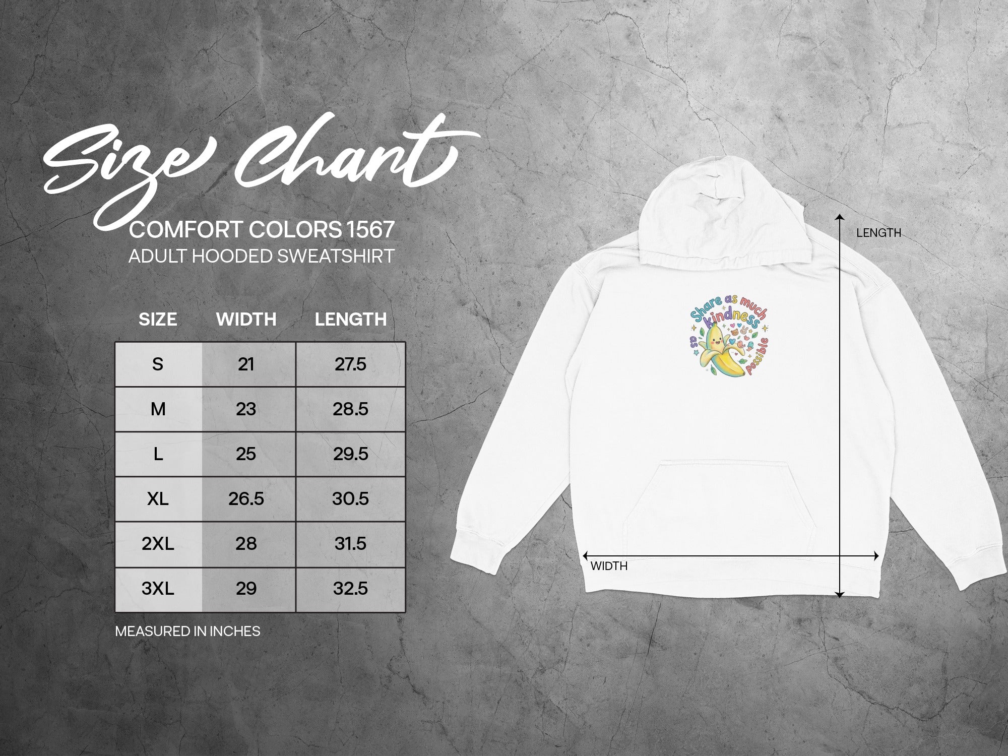 Size chart for Comfort Colors 1567 adult hooded sweatshirt, listing sizes S-3XL with width and length.