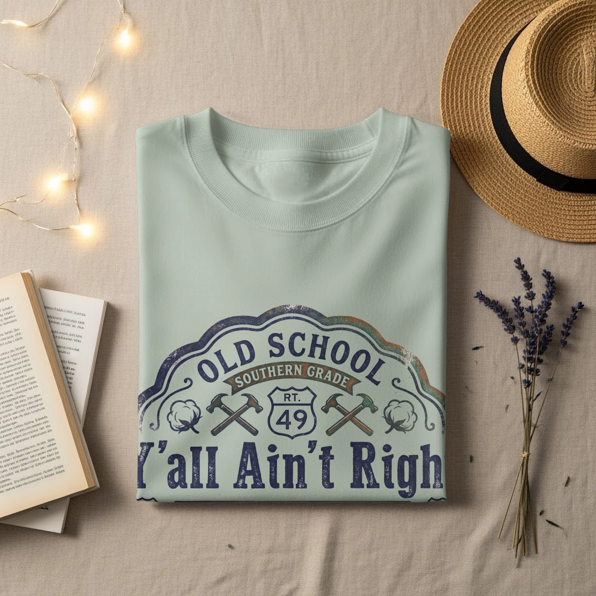 Light blue t-shirt with "Old School Southern Grade 'Y'all Ain't Right'" graphic.