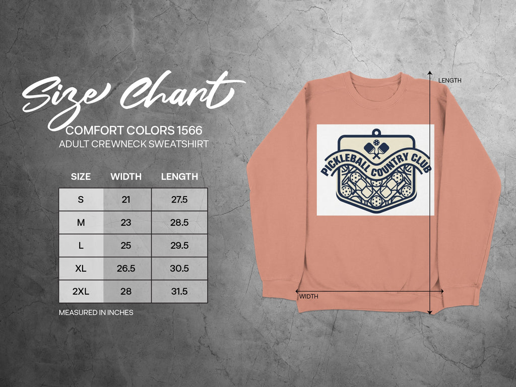 Size chart for Comfort Colors 1566 adult crewneck sweatshirt with pickleball graphic.