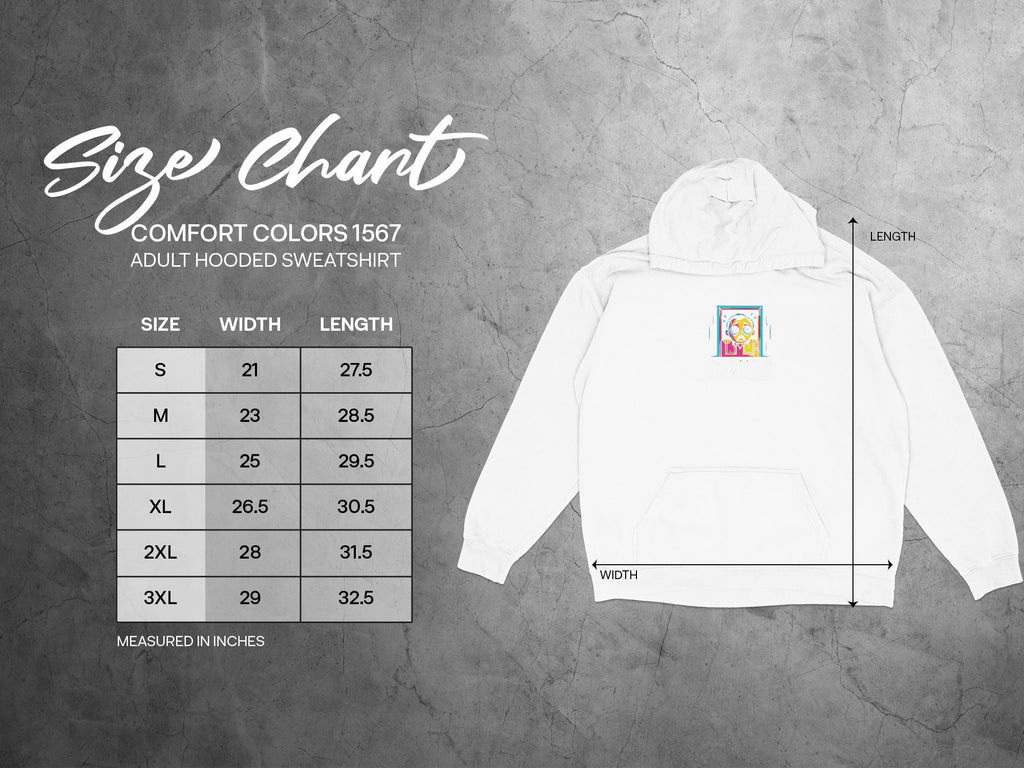 Comfort Colors 1567 adult hooded sweatshirt size chart with measurements in inches.