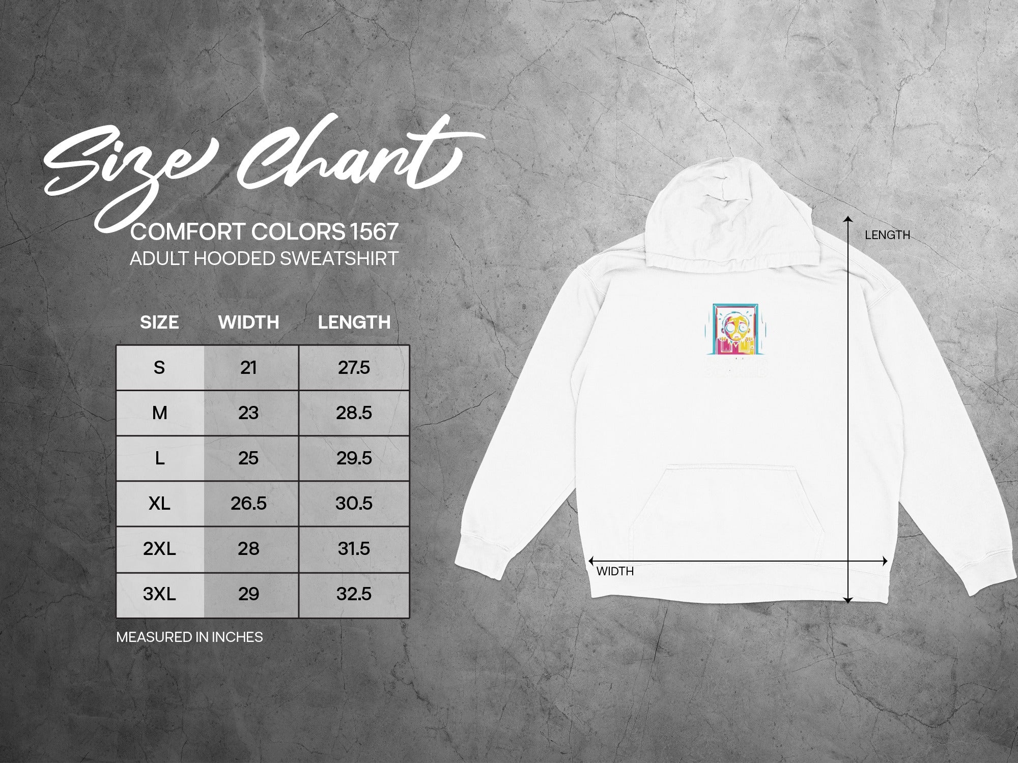 Comfort Colors 1567 adult hooded sweatshirt size chart with measurements in inches.