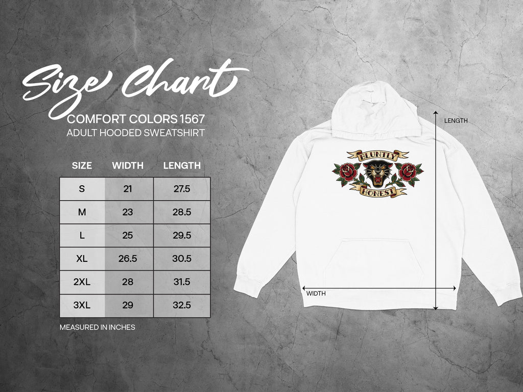 Size chart for Comfort Colors 1567 adult hooded sweatshirt with measurements.
