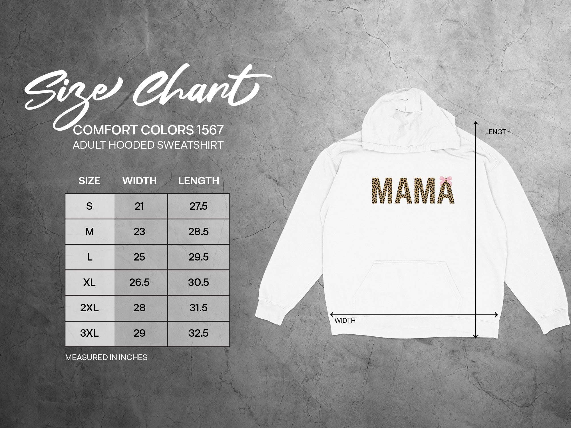 Size chart for Comfort Colors 1567 adult hooded sweatshirt, showing width and length.