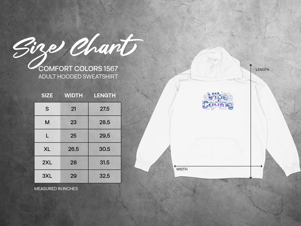 Comfort Colors 1567 adult hooded sweatshirt size chart with width and length measurements.
