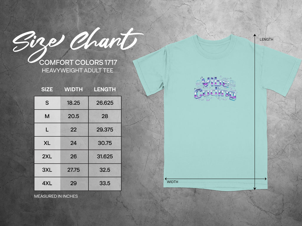 Comfort Colors 1717 heavyweight adult tee size chart with width and length measurements.