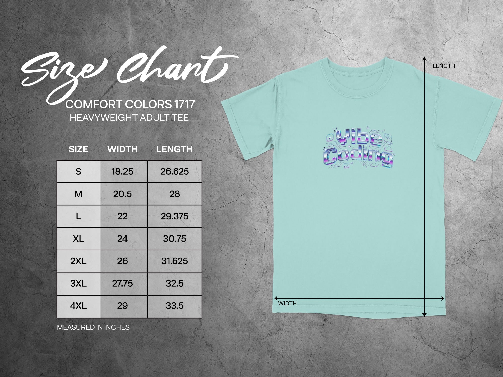 Comfort Colors 1717 heavyweight adult tee size chart with width and length measurements.