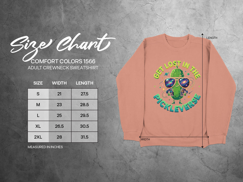 Size chart for Comfort Colors 1566 adult crewneck sweatshirt with pickle graphic.