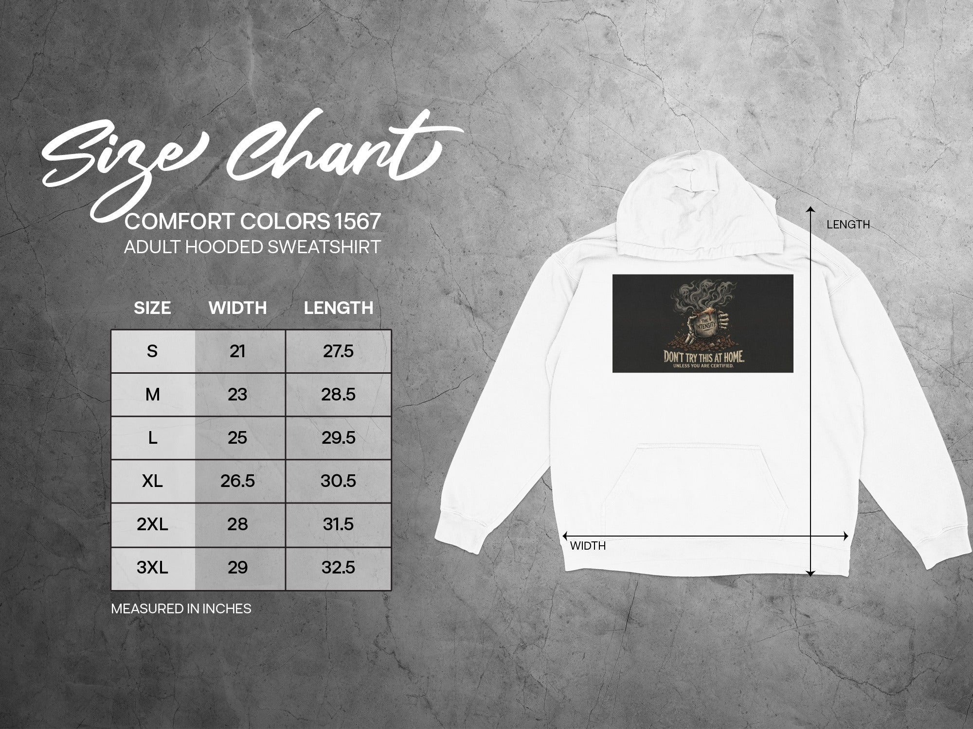 Comfort Colors 1567 adult hooded sweatshirt size chart with width and length measurements.