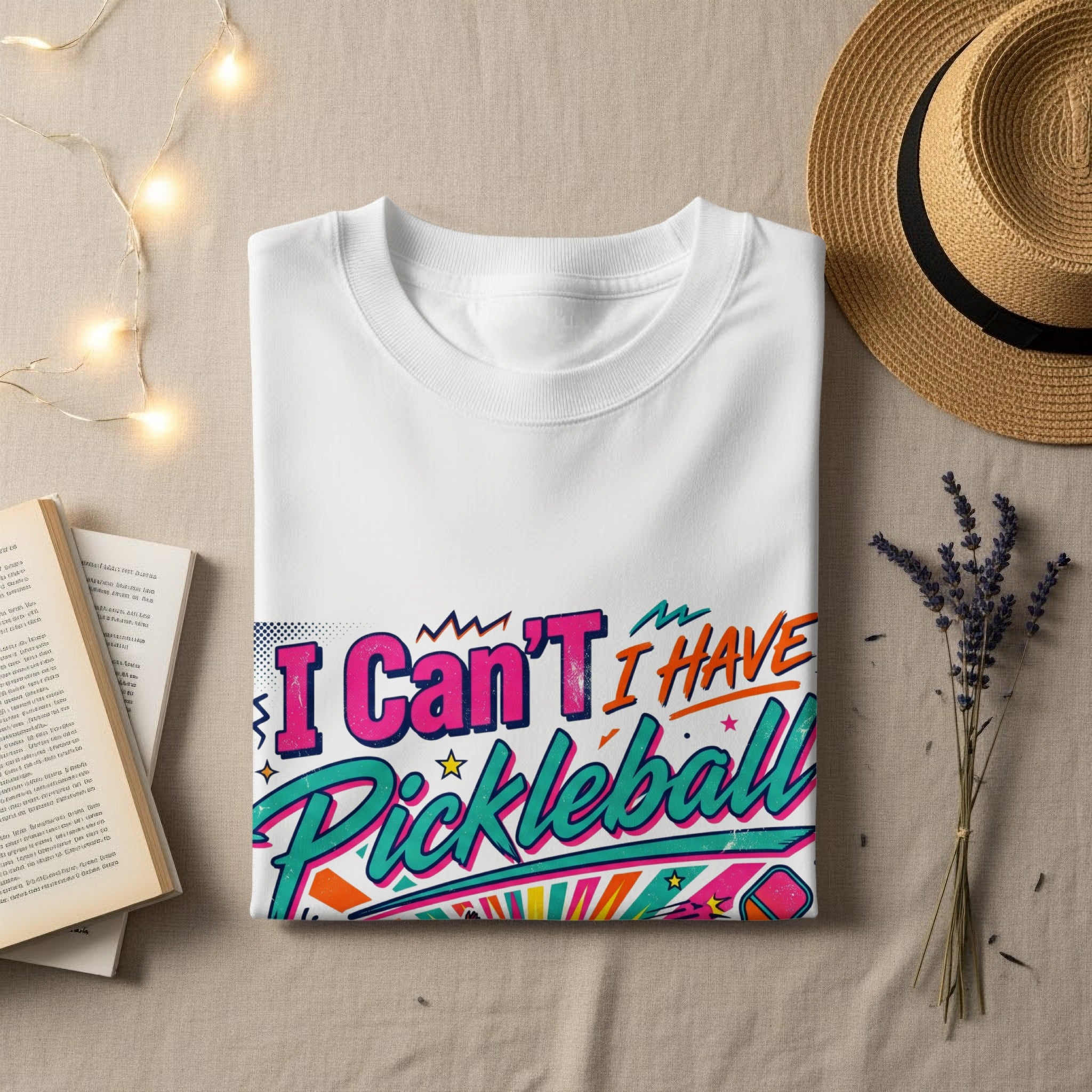 White t-shirt with "I Can't Have Pickleball" in colorful, retro lettering.
