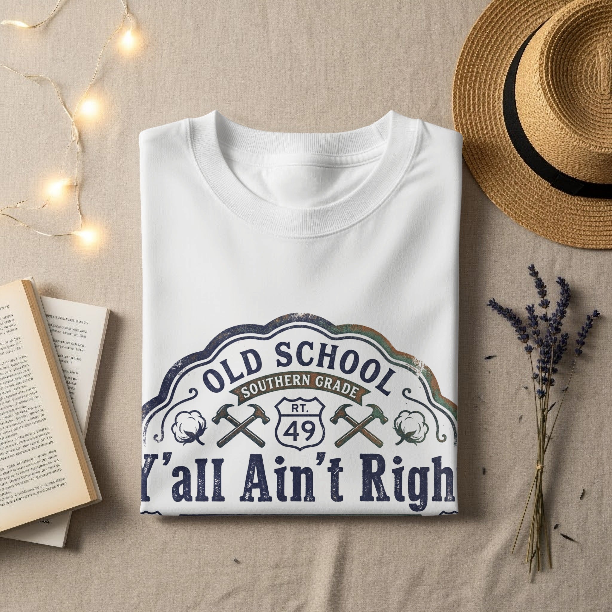 White t-shirt with "Old School Southern Grade Y'all Ain't Right" graphic.