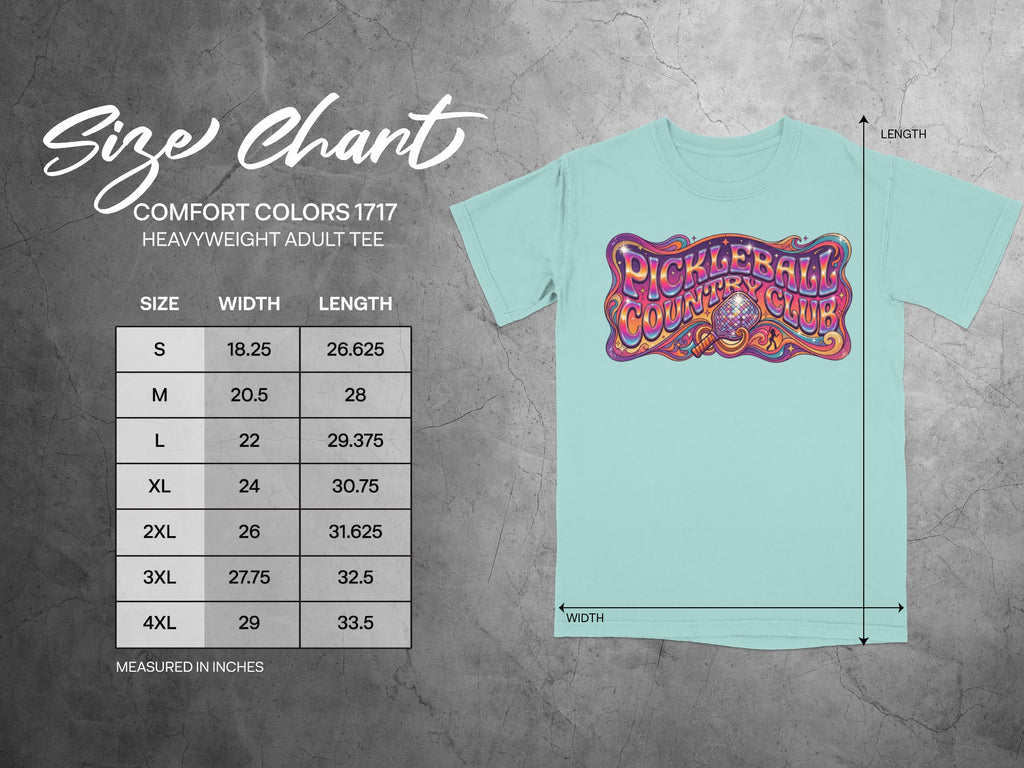 Comfort Colors 1717 heavyweight t-shirt size chart with width and length measurements.