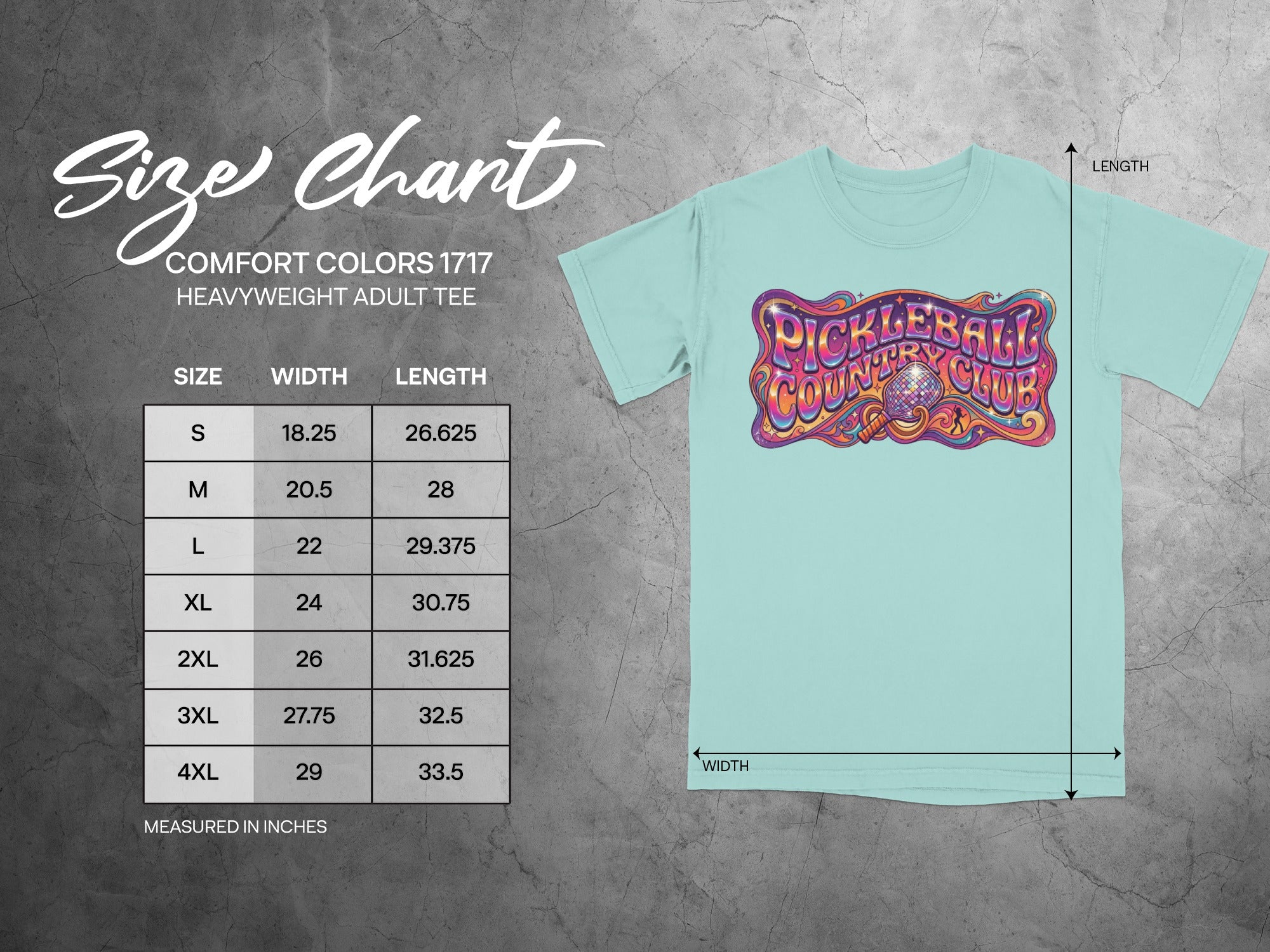 Comfort Colors 1717 heavyweight t-shirt size chart with width and length measurements.