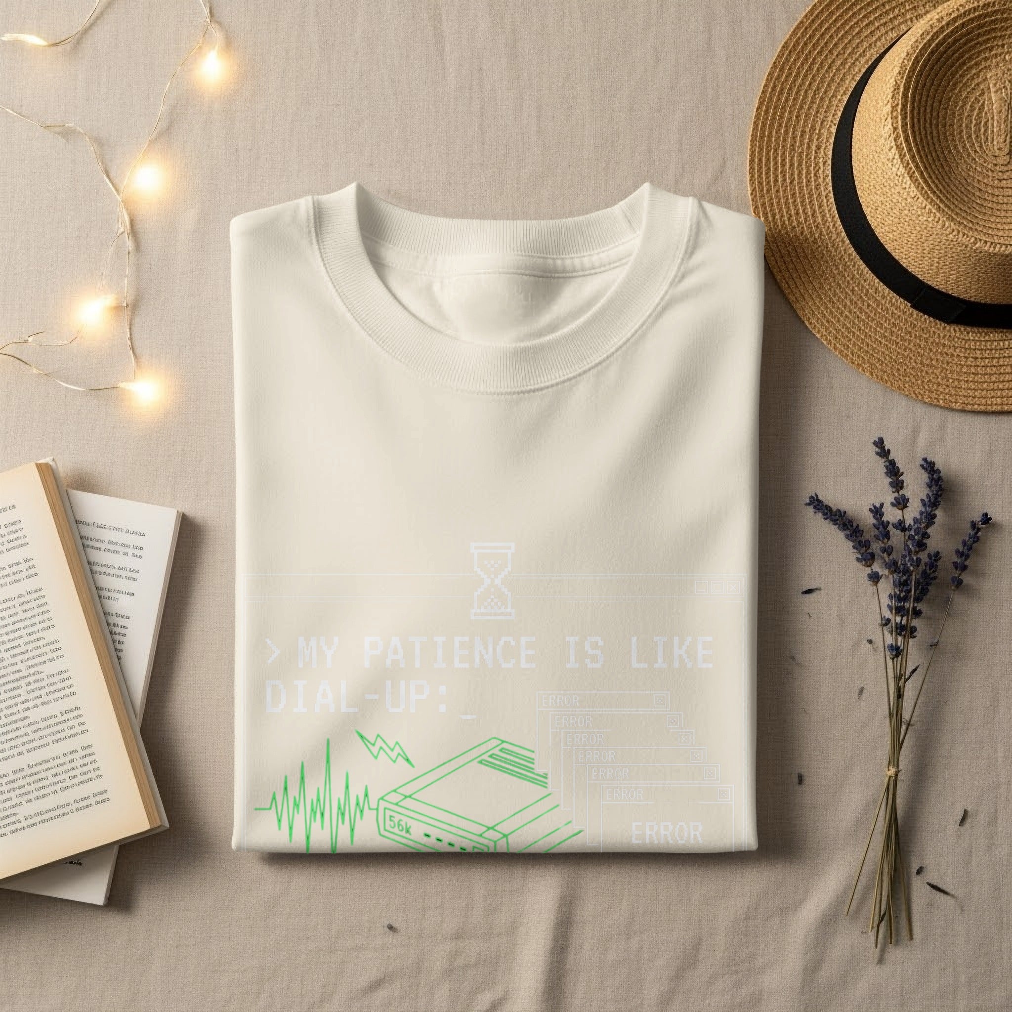 T-shirt with "My patience is like dial-up" graphic featuring 56k and error messages.