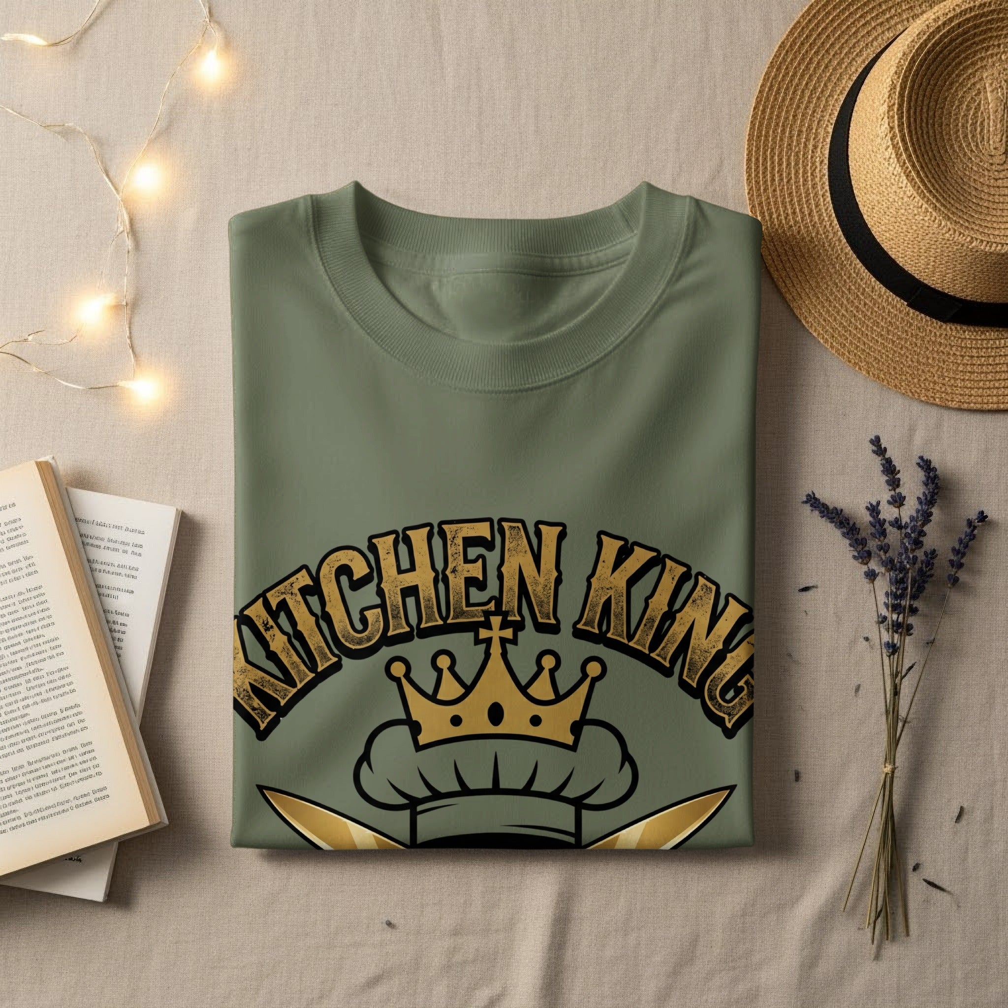 Olive green t-shirt with "KITCHEN KING" and a chef's hat with crown.
