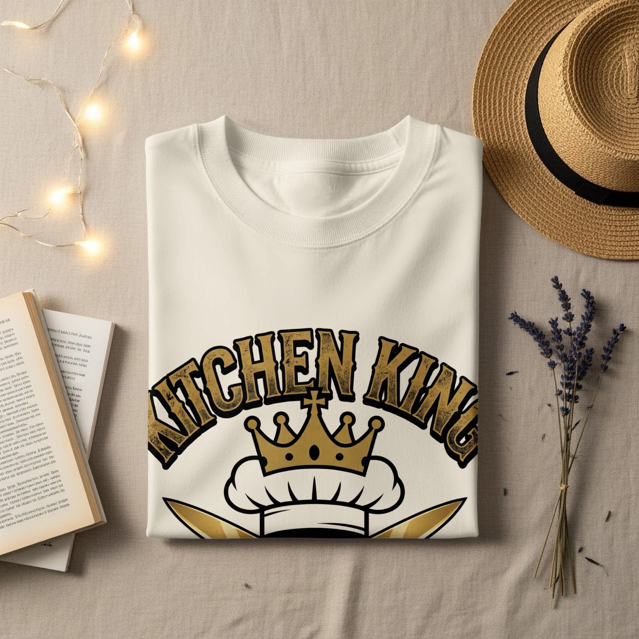White t-shirt with "Kitchen King" text and a chef's hat graphic.