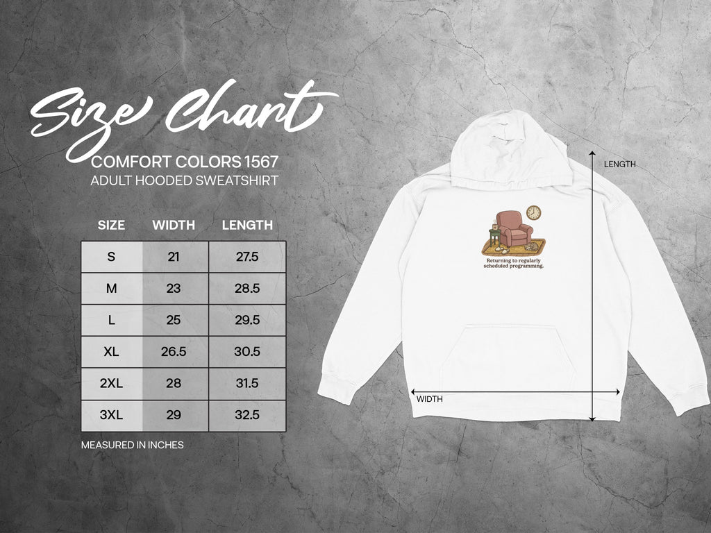 Comfort Colors 1567 adult hooded sweatshirt size chart with width and length measurements.