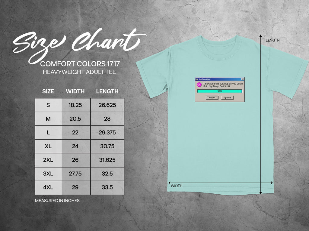 Comfort Colors 1717 size chart for heavyweight adult tees with width and length measurements.