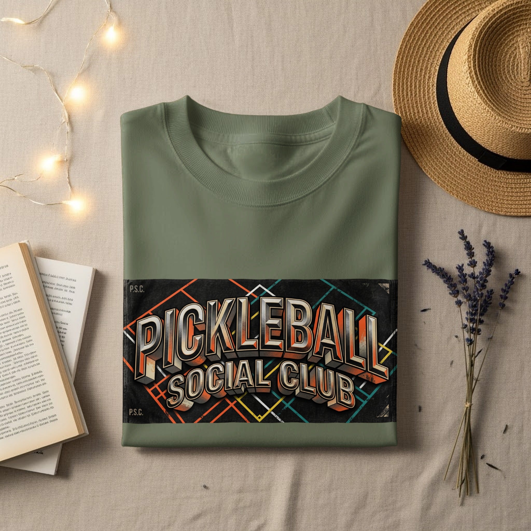 Olive green t-shirt with "PICKLEBALL SOCIAL CLUB" graphic on a black textured background.