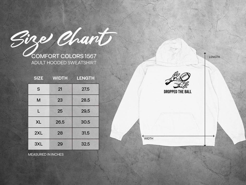 Size chart for Comfort Colors 1567 adult hooded sweatshirt.