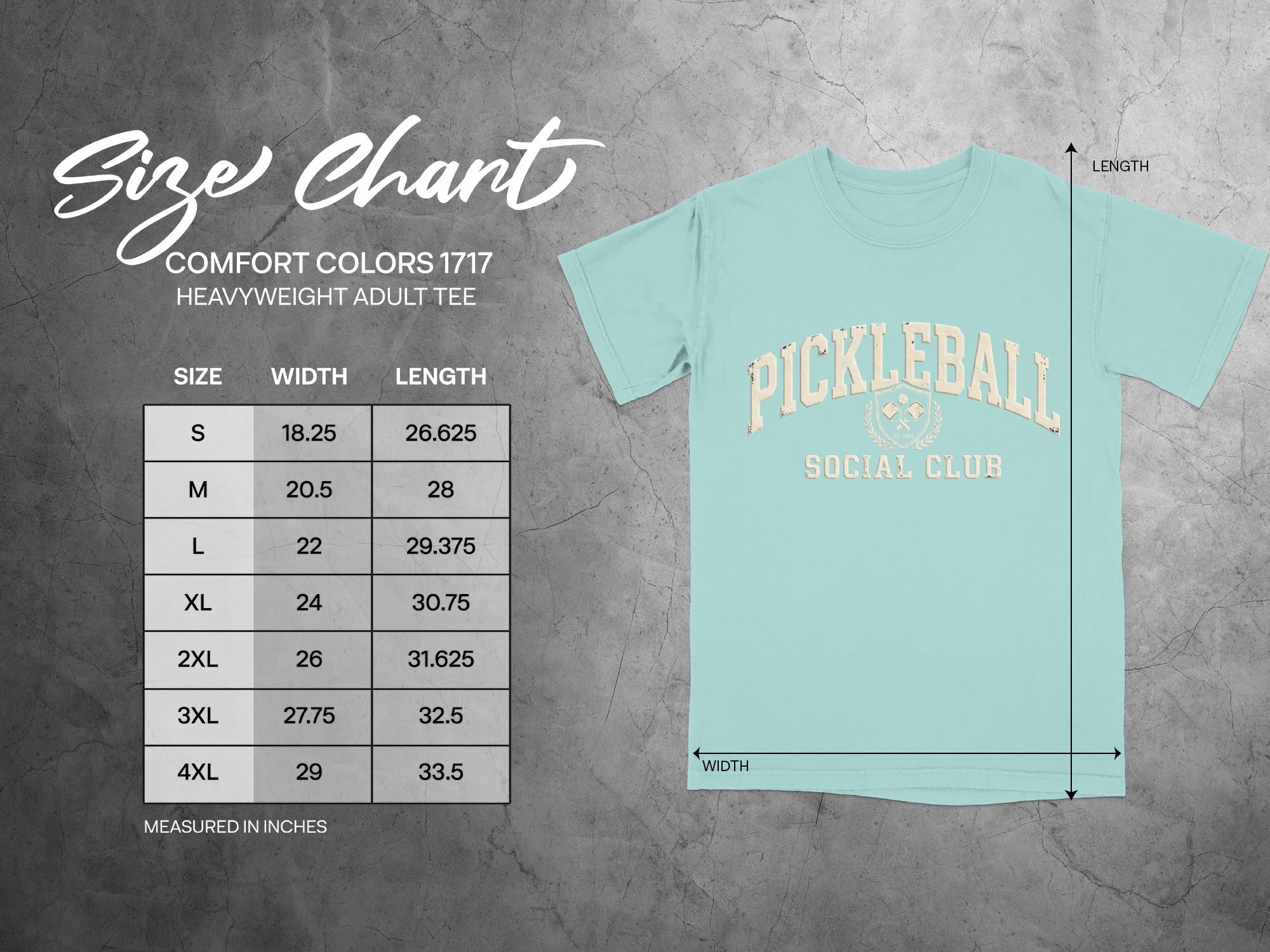 Comfort Colors 1717 heavyweight adult tee size chart with measurements.