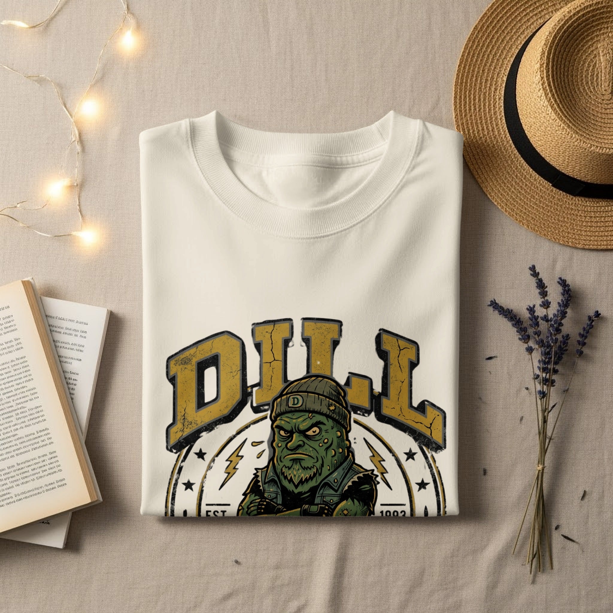 Cream t-shirt with "DILL" text and cartoon dill pickle character.