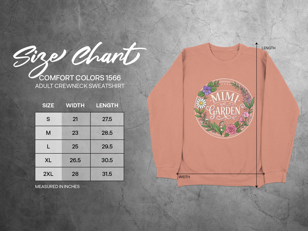 Size chart for Comfort Colors 1566 adult crewneck sweatshirt, Mimi Garden design.