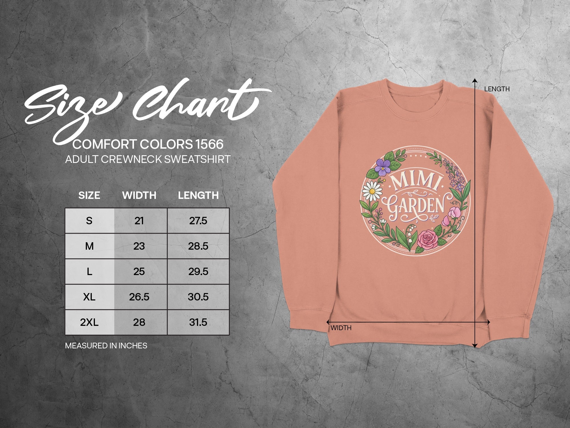 Size chart for Comfort Colors 1566 adult crewneck sweatshirt, Mimi Garden design.