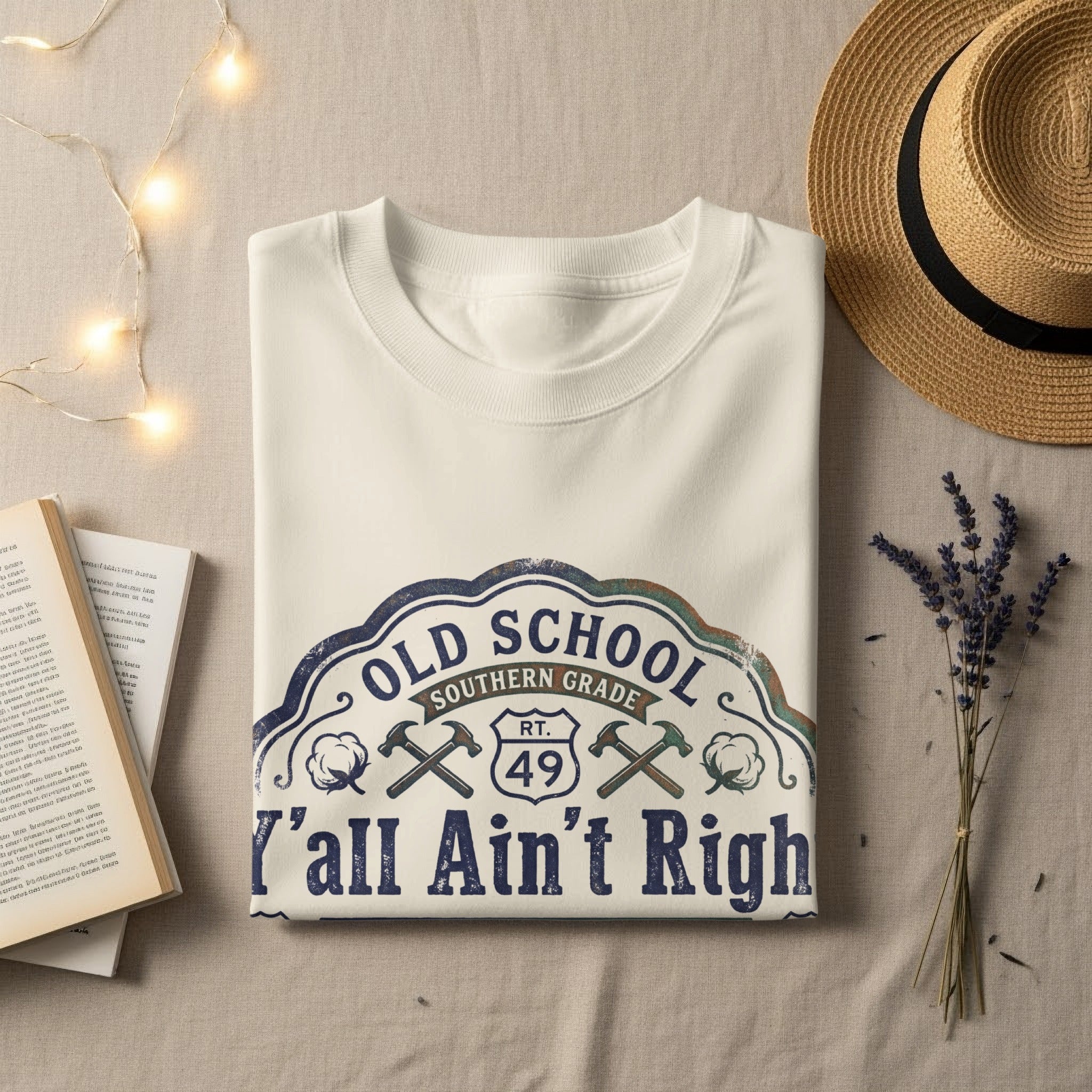 White t-shirt with "Old School Southern Grade Y'all Ain't Right" graphic.