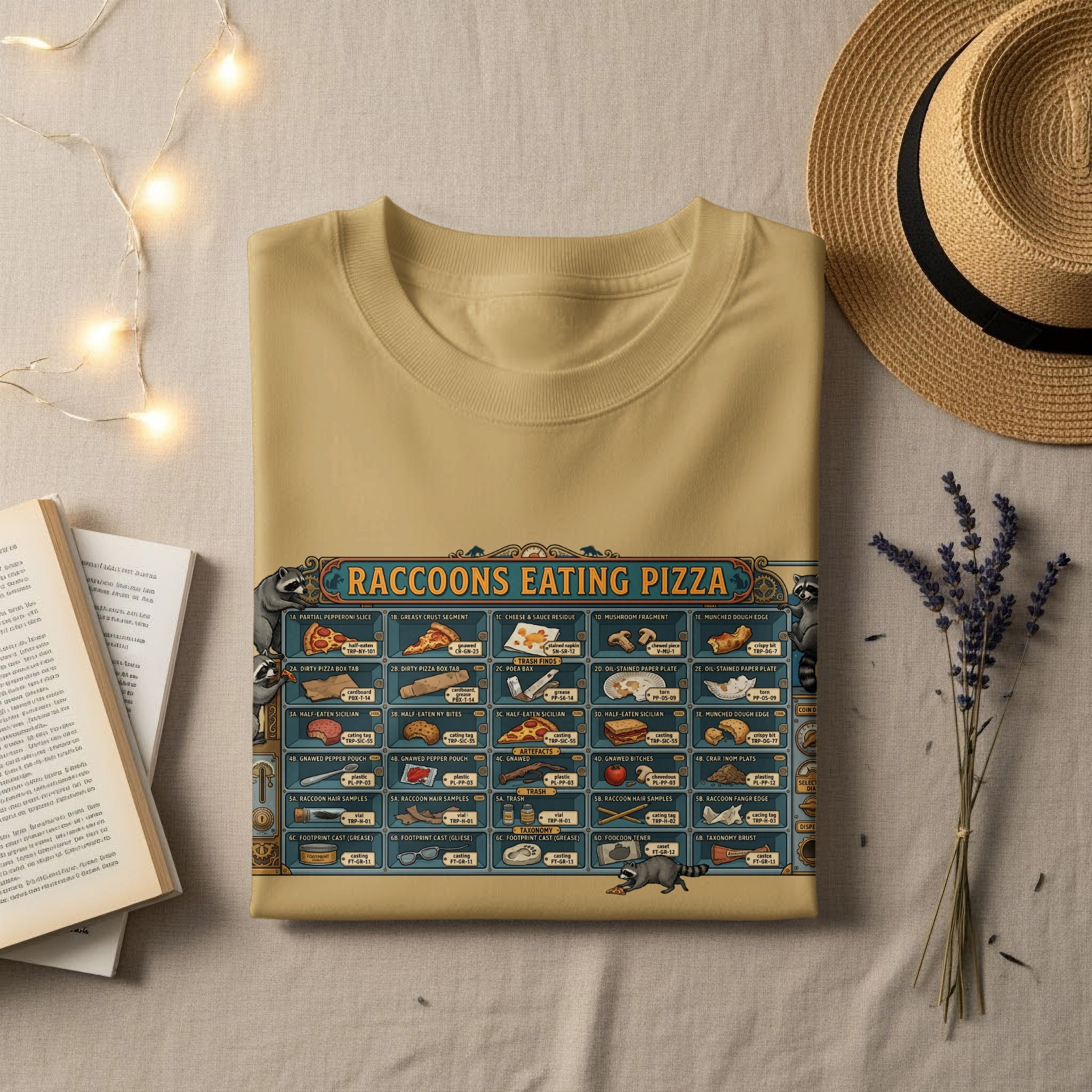 T-shirt with Raccoons Eating Pizza graphic featuring labeled pizza remnants and trash items.