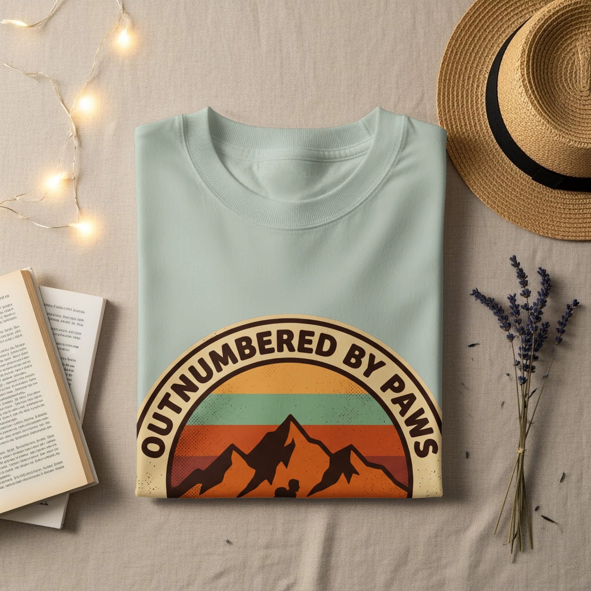 Light blue t-shirt with "OUTNUMBERED BY PAWS" mountain sunset graphic.