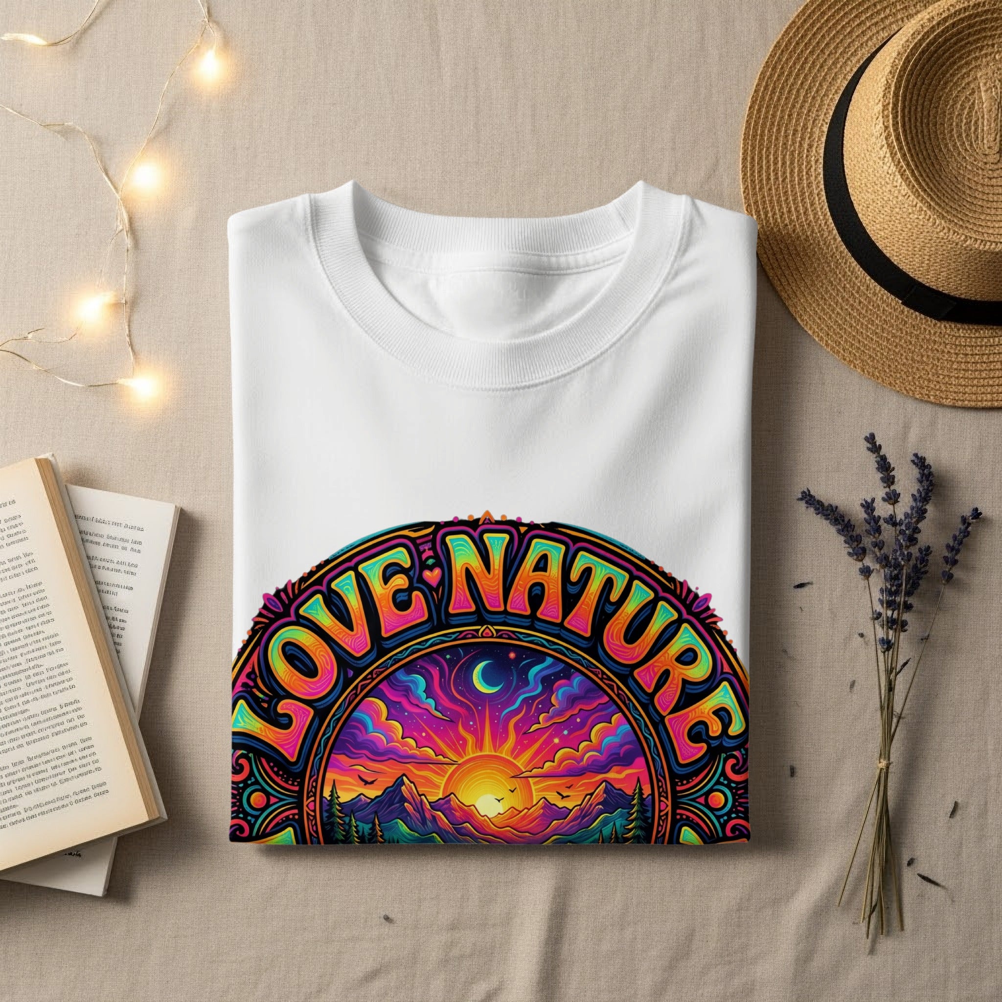 White t-shirt with "Love Nature" text in a colorful, psychedelic sun design.