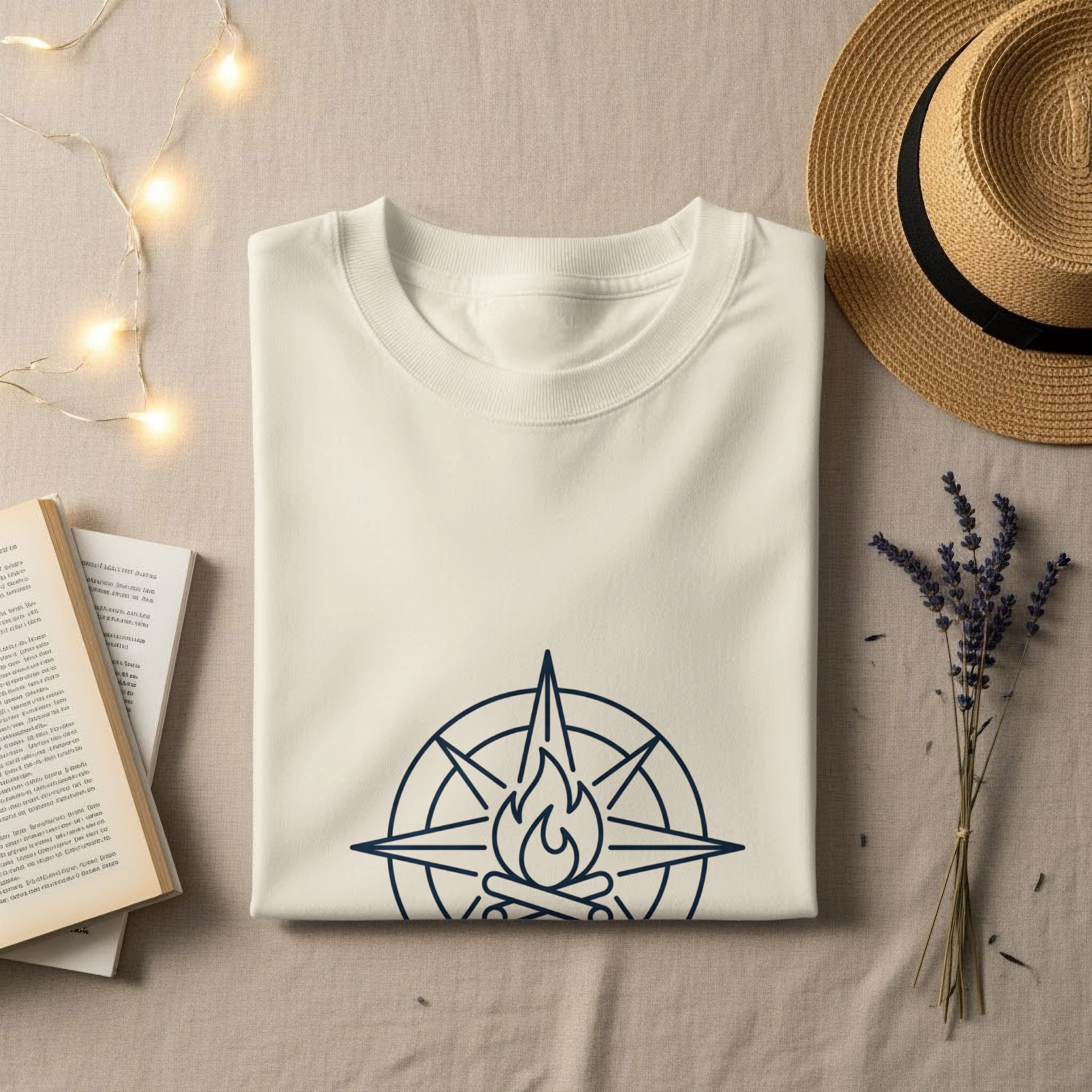 Cream t-shirt with navy compass and campfire graphic.