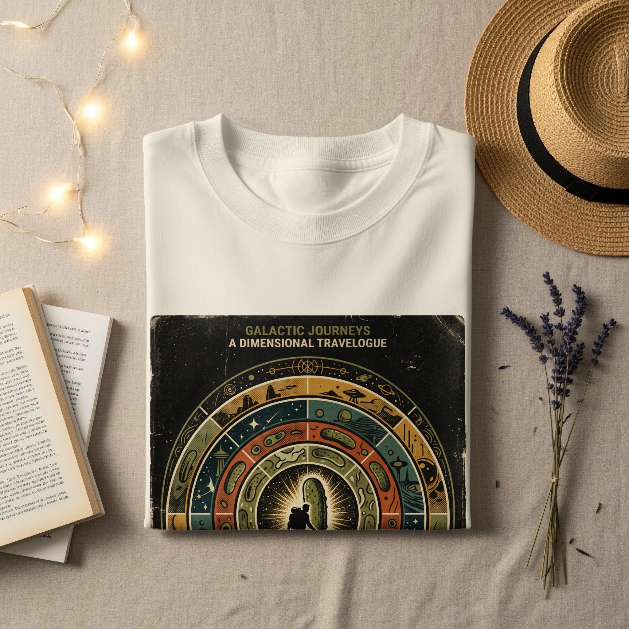 White t-shirt with Galactic Journeys Dimensional Travelogue book cover.