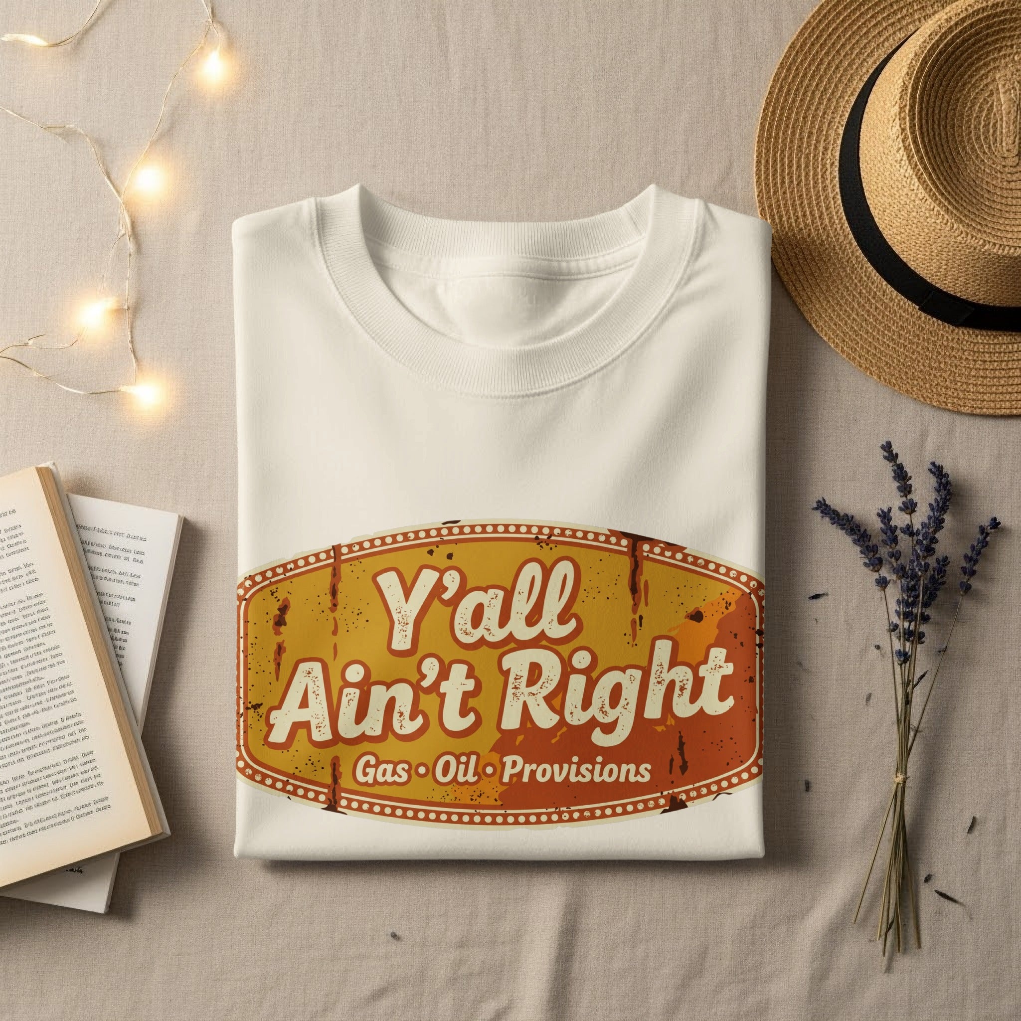 White t-shirt with "Y'all Ain't Right Gas Oil Provisions" text and distressed details.