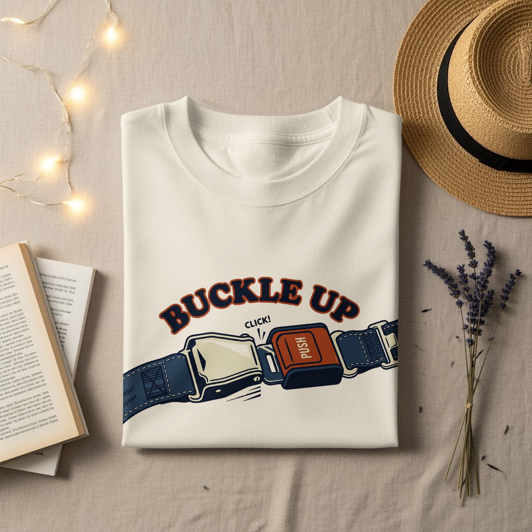 White t-shirt with "BUCKLE UP" and a seatbelt graphic.