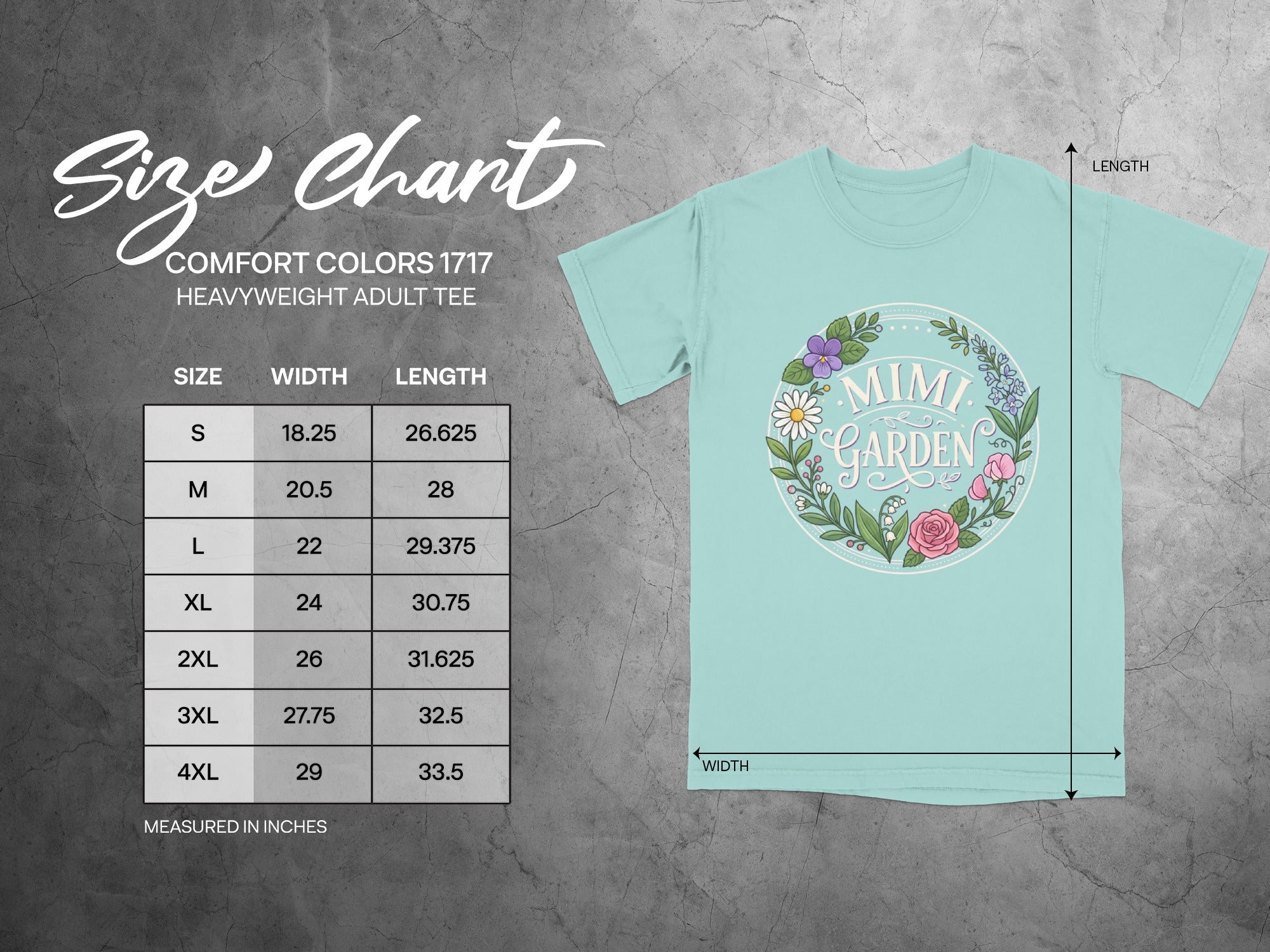 Comfort Colors 1717 heavyweight adult tee size chart with Mimi Garden graphic.