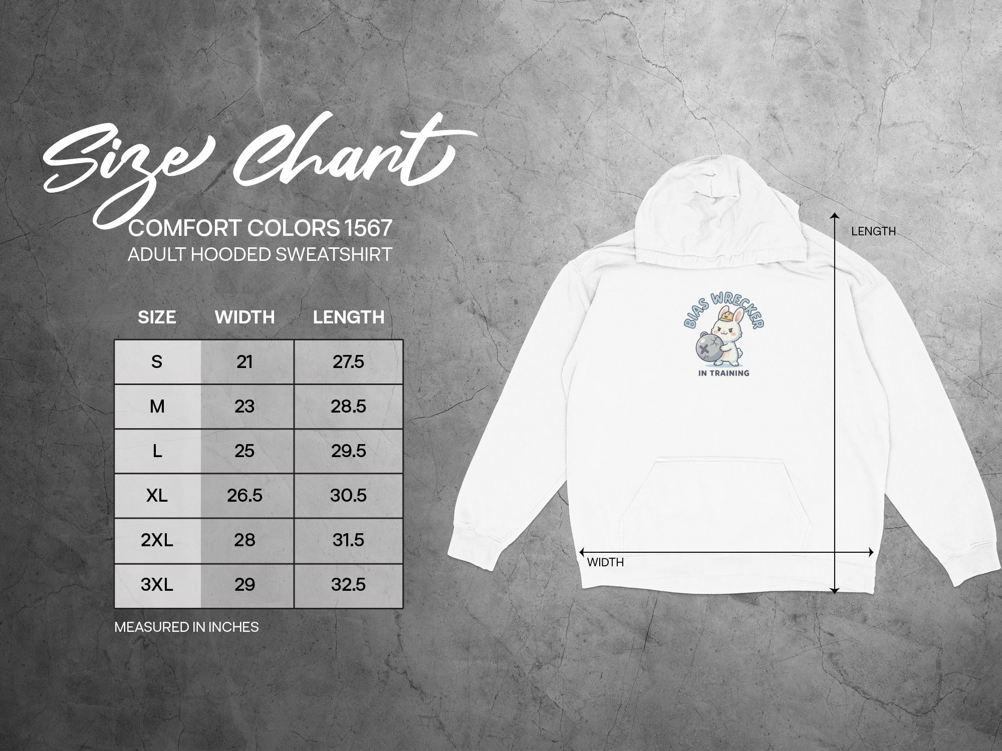 Comfort Colors 1567 adult hooded sweatshirt size chart.