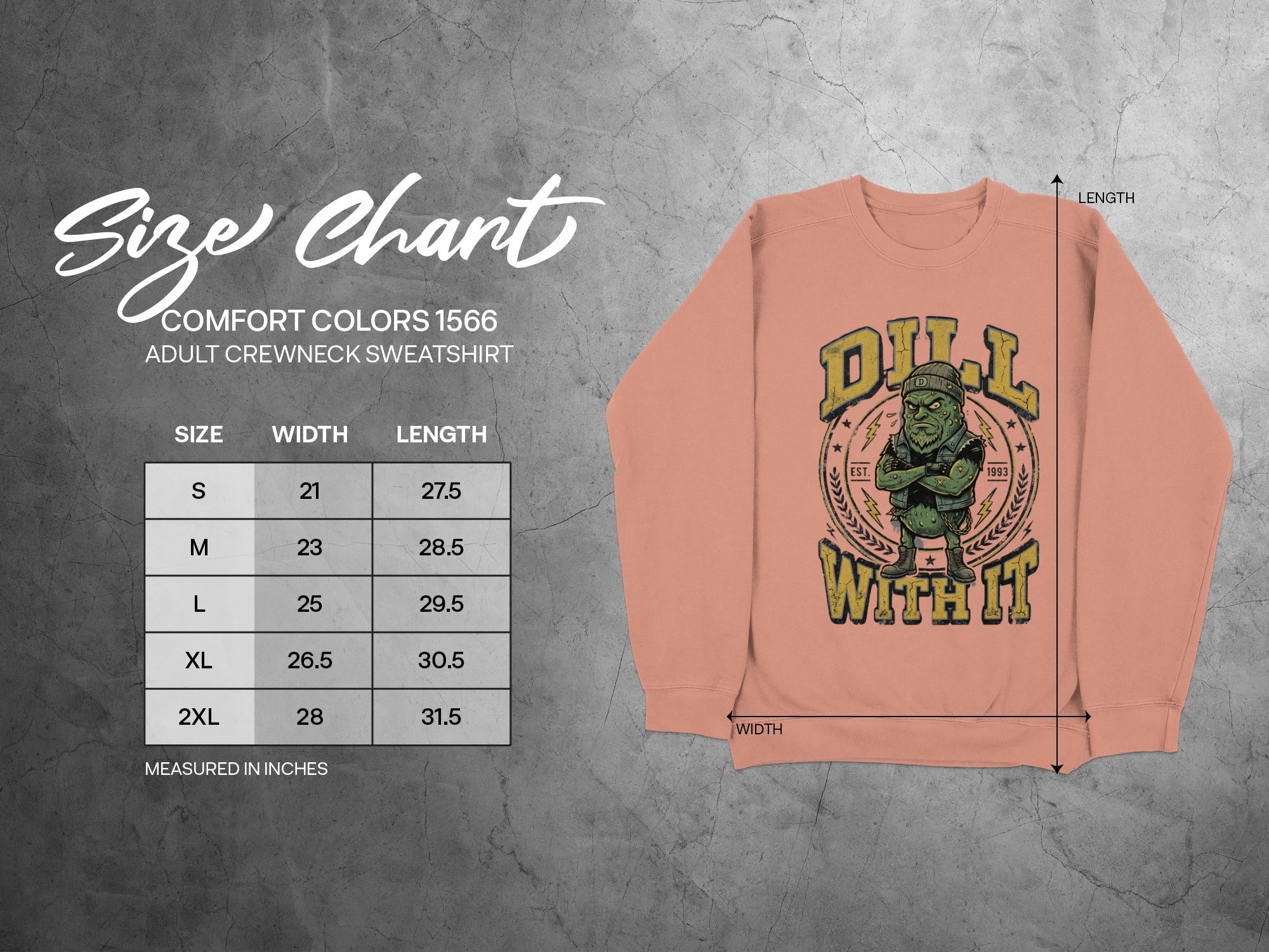 Comfort Colors 1566 adult crewneck sweatshirt size chart with measurements.